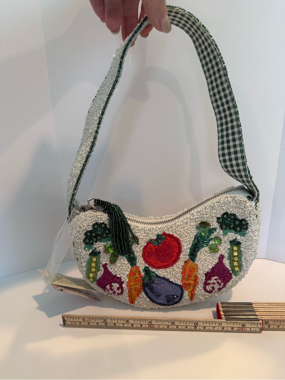 * Beaded Vegetable Motif Shoulder Mini Bag in White and Green